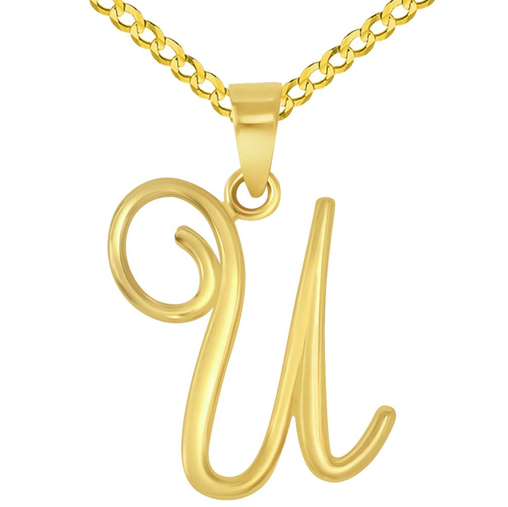14k Yellow Gold Elegant Script Letter U Cursive Initial Pendant with Concave Cuban Link Curb Chain Necklace