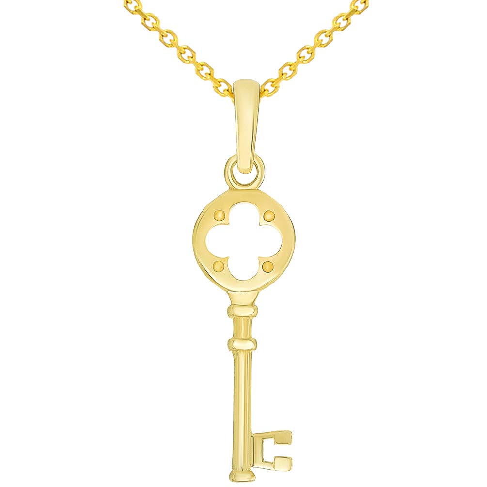 14k Yellow Gold Open Clover Love Key To My Heart Pendant Necklace