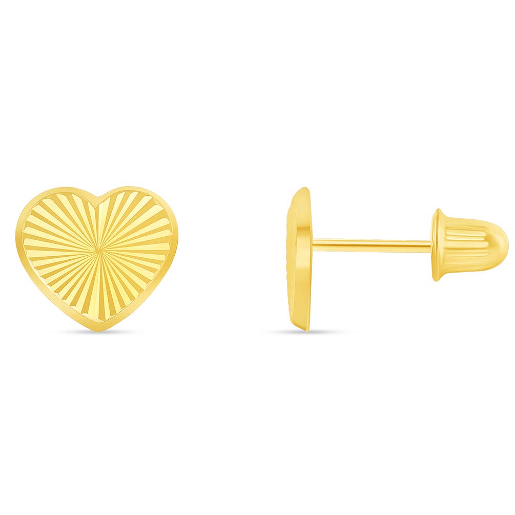 14k Yellow Gold Textured Heart Stud Love Stud Earrings with Screw Back