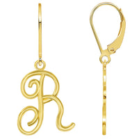 Load image into Gallery viewer, Solid 14k Yellow Gold Elegant Script Letter Cursive Initial Dangle Drop Earrings with Leverback - A to Z
