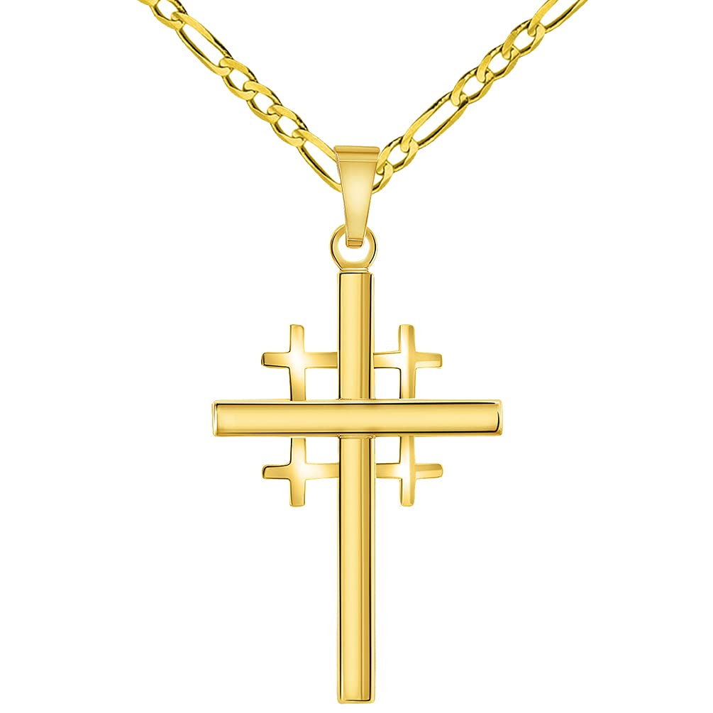 14k Yellow Gold Religious Crusaders Jerusalem Latin Plain Cross Pendant with Figaro Chain Necklace
