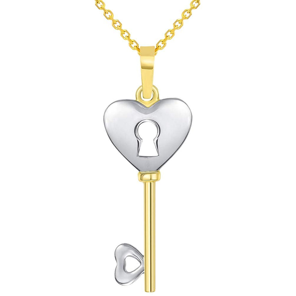 14k Yellow Gold 3D Two Tone Heart Shaped Love Key Pendant Necklace