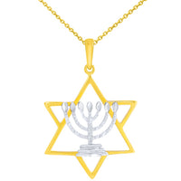 Load image into Gallery viewer, 14K Two-Tone Gold Jewish Star of David with Textured Menorah Pendant Necklace
