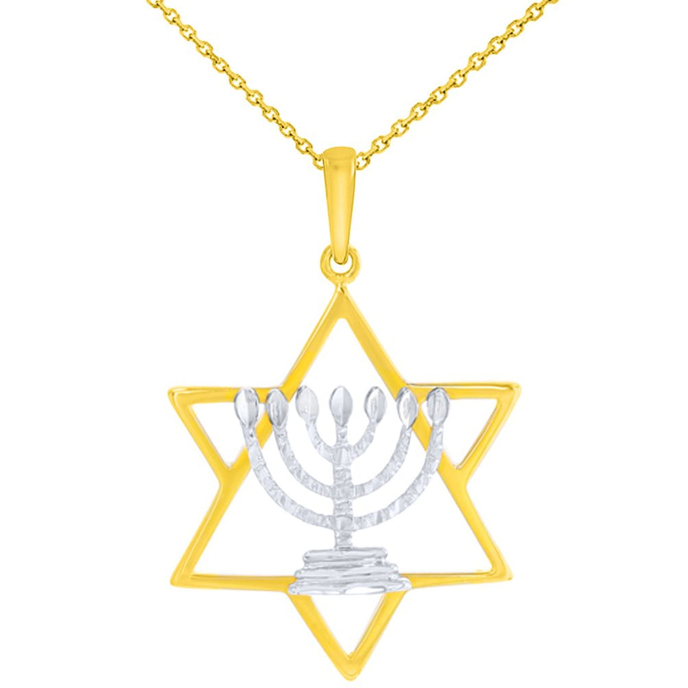 14K Two-Tone Gold Jewish Star of David with Textured Menorah Pendant Necklace
