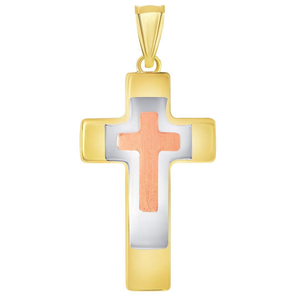 14k Yellow Gold High Polished Tri-Tone Religious Cross Pendant