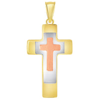 Load image into Gallery viewer, 14k Yellow Gold High Polished Tri-Tone Religious Cross Pendant Necklace
