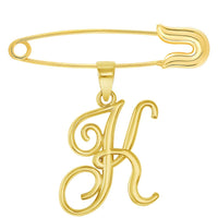 Load image into Gallery viewer, 14k Yellow Gold Elegant Script Letter K Cursive Initial Charm with Safety Pin Brooch
