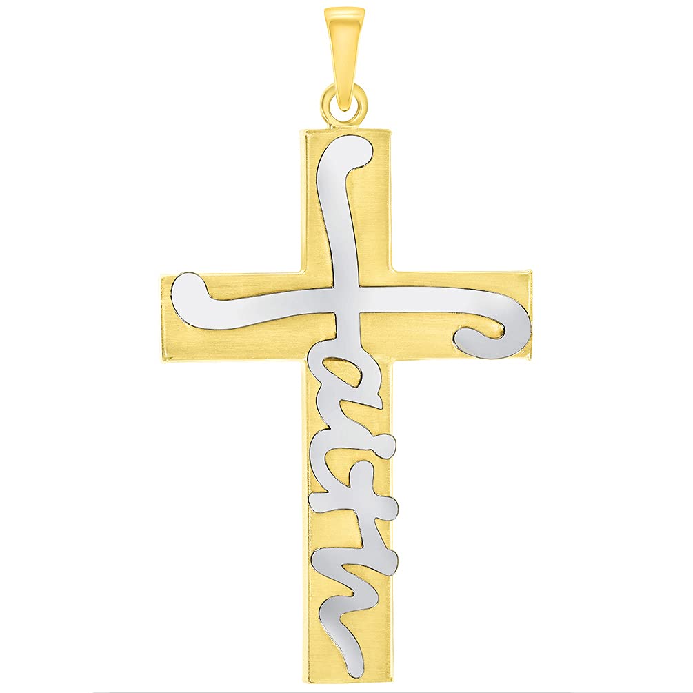 14k Two-Tone Gold Scripted Faith Religious Cross Pendant