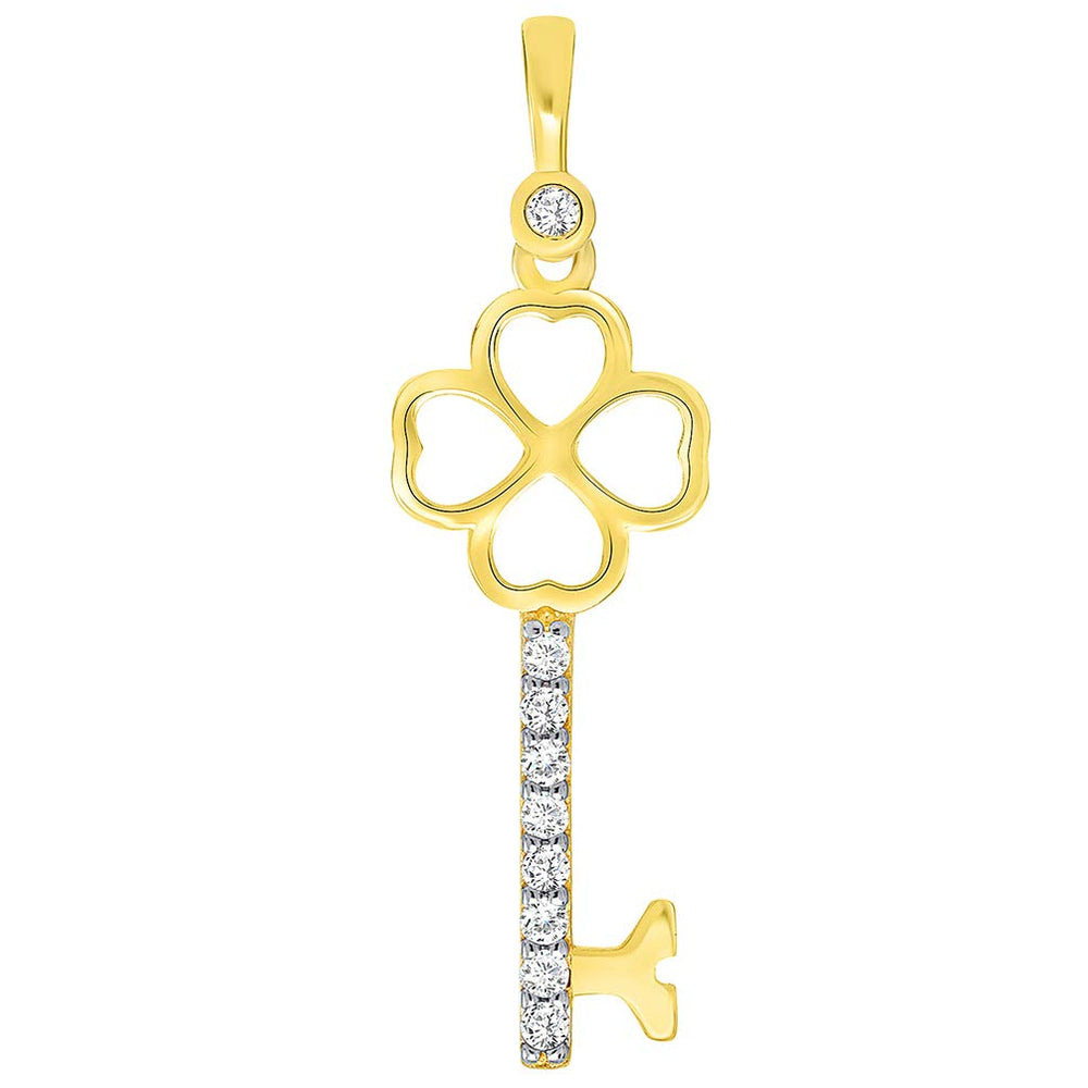 Solid 14K Yellow Gold Heart Shaped Four Leaf Clover Love Key Charm Pendant with Cubic Zirconia Gemstones