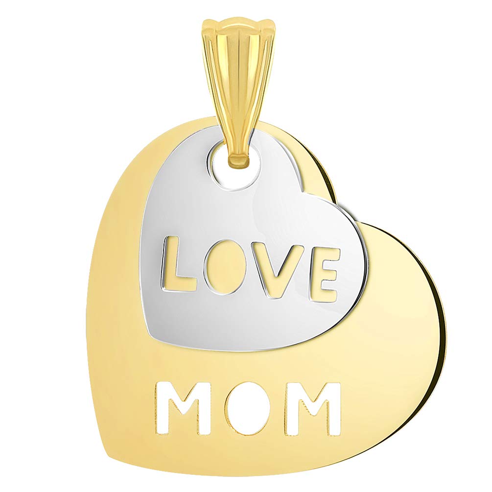 14k Yellow Gold and White Gold Double Heart with Cut-Out Love Mom Pendant