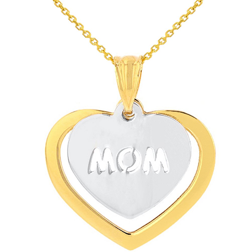 Solid 14K Two-Tone Gold Double Heart with Mom Pendant Necklace