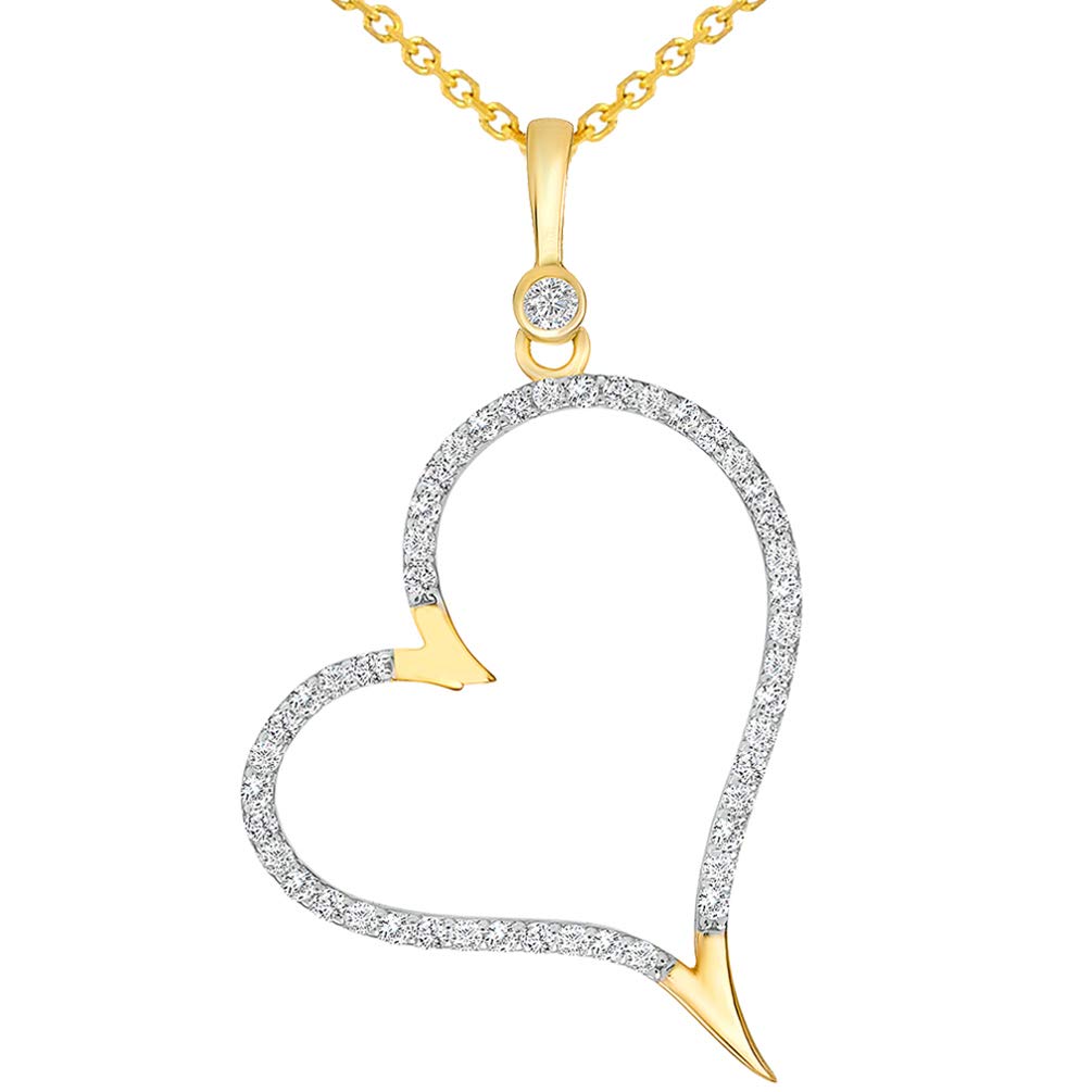 14k Yellow Gold Elegant Cubic Zirconia Open Heart Pendant Necklace with Cable Chain