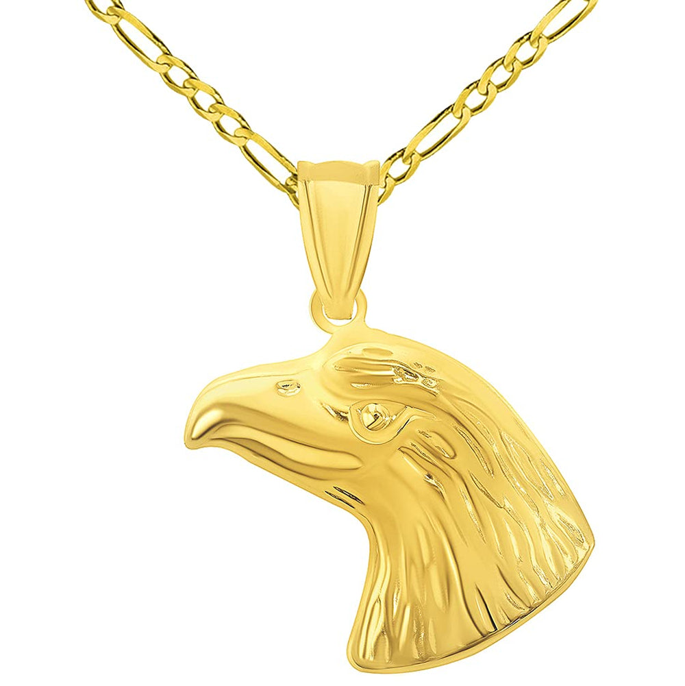 14k Yellow Gold Polished 3D Bald Eagle Head Animal Pendant with Figaro Chain Necklace