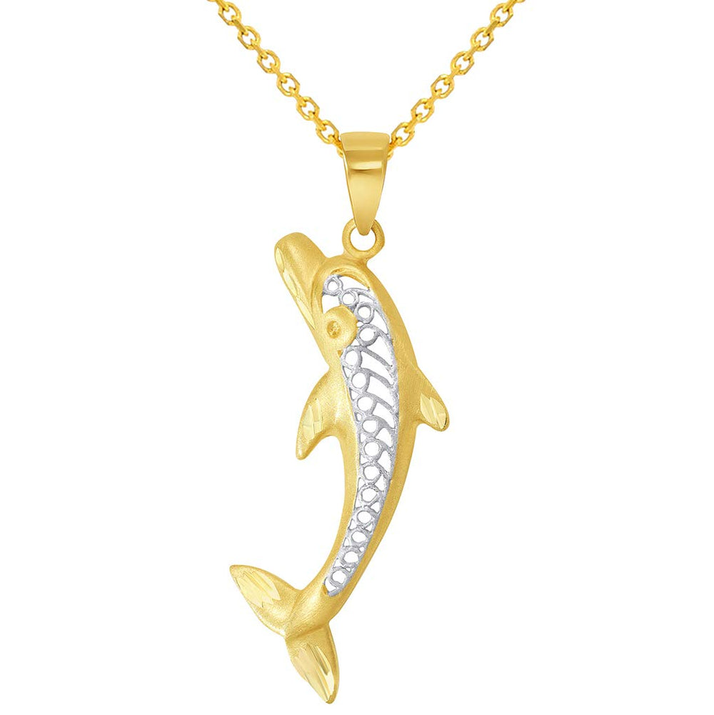 14k Yellow Gold Filigree Dolphin Jumpng Up Pendant Necklace