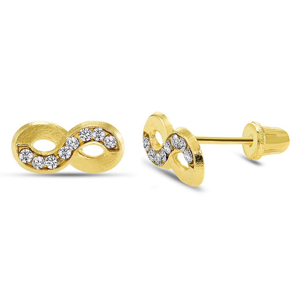 14k Yellow Gold CZ Infinity Stud Love Earrings with Screw Back