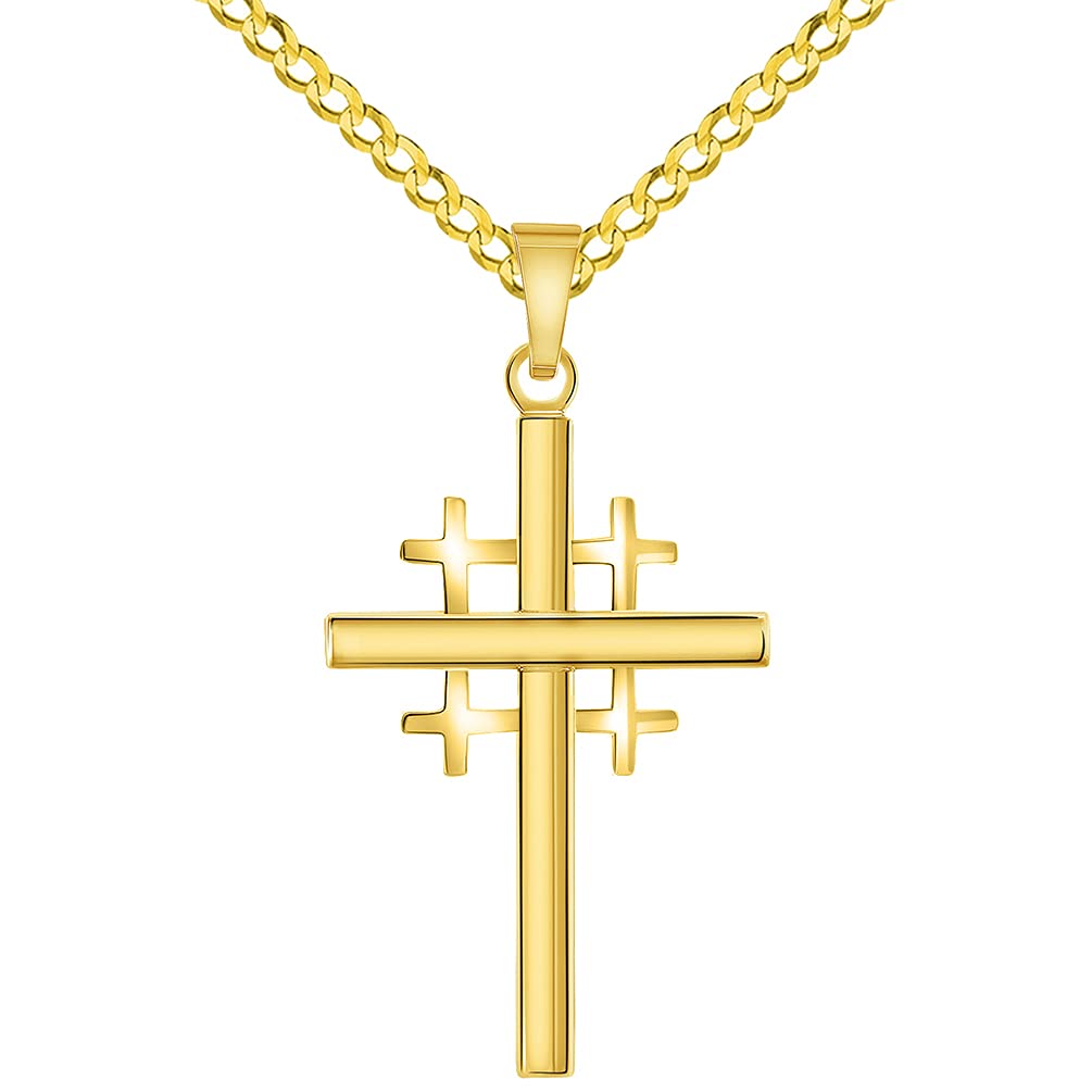 14k Yellow Gold Religious Crusaders Jerusalem Latin Plain Cross Pendant with Cuban Chain Curb Necklace