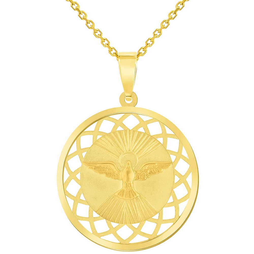14k Yellow Gold Holy Spirit Dove Religious Round Open Ornate Medal Pendant Necklace