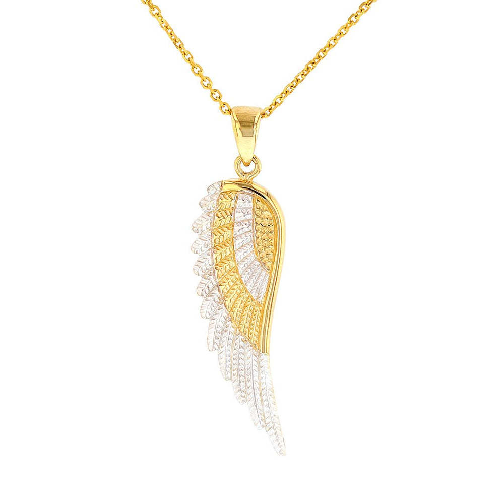 Yellow Gold Textured Angel Wing Pendant Necklace