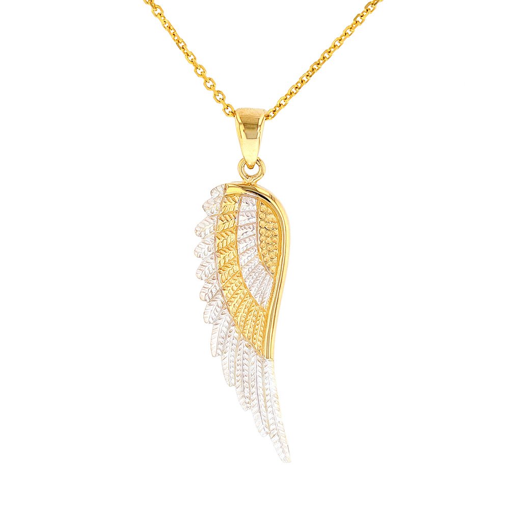 Yellow Gold Textured Angel Wing Pendant Necklace