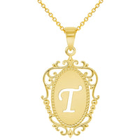 Load image into Gallery viewer, 14k Yellow Gold Elegant Filigree Oval Uppercase Initial T Script Letter Plate Pendant with Cable Chain Necklace
