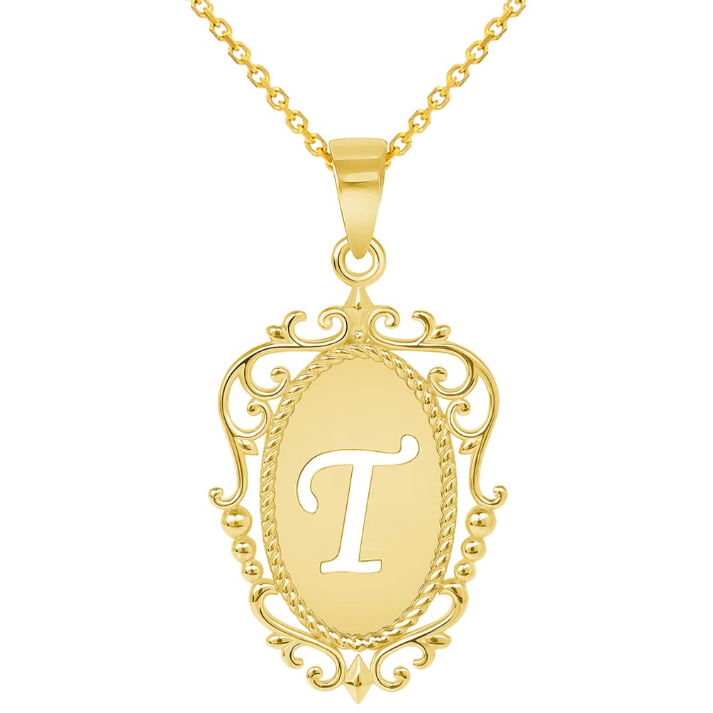 14k Yellow Gold Elegant Filigree Oval Uppercase Initial T Script Letter Plate Pendant with Cable Chain Necklace