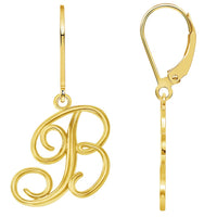 Load image into Gallery viewer, Solid 14k Yellow Gold Elegant Script Letter Cursive Initial Dangle Drop Earrings with Leverback - A to Z
