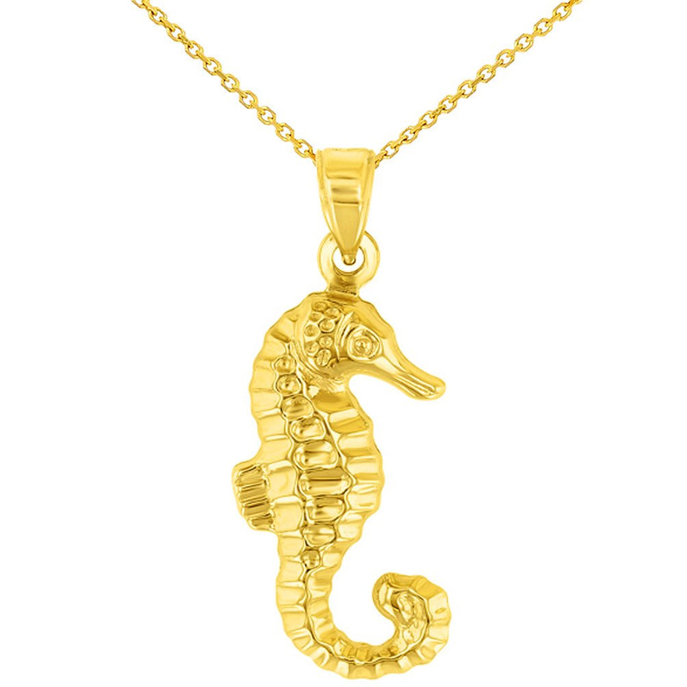 High Polish 14K Yellow Gold 3D Seahorse Charm Animal Pendant Necklace