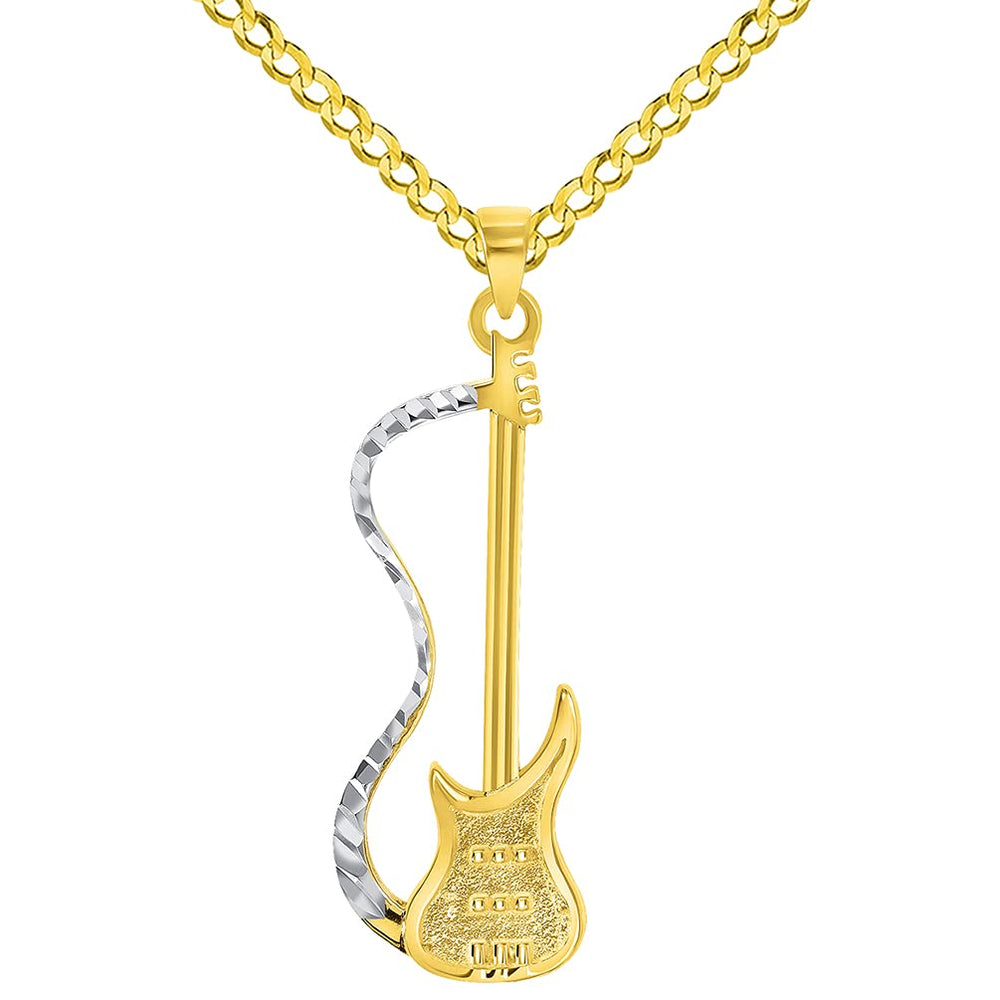 Solid 14k Yellow Gold Electric Guitar Two-Tone Musical Instrument Pendant with Cuban Curb Chain Necklace