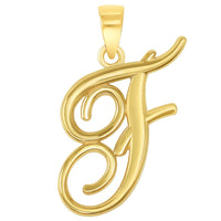 Load image into Gallery viewer, 14k Yellow Gold Elegant Script Letter F Cursive Initial Charm with Safety Pin Brooch
