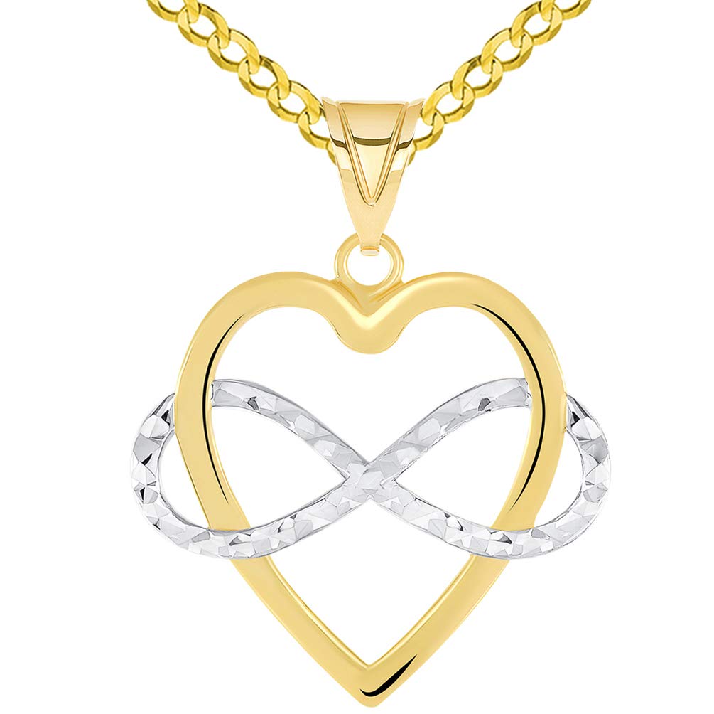 14k Yellow Gold Interlocking Infinity Love Symbol and Heart Pendant with Curb Chain Necklace