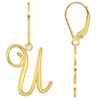 Load image into Gallery viewer, Solid 14k Yellow Gold Elegant Script Letter Cursive Initial Dangle Drop Earrings with Leverback - A to Z
