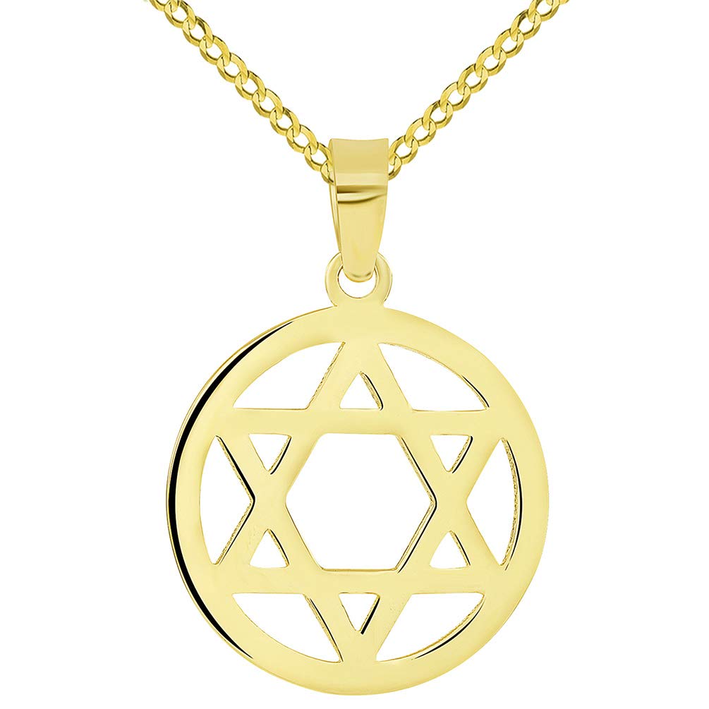 14k Yellow Gold Shield of David Round Jewish Star Pendant with Cuban Necklace