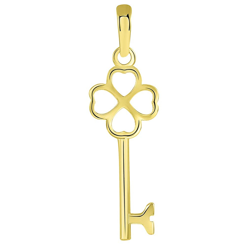 Solid 14K Yellow Gold Simple Four Leaf Clover Love Key Charm Good Luck Pendant