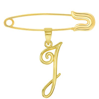 Load image into Gallery viewer, 14k Yellow Gold Elegant Script Letter I Cursive Initial Charm with Safety Pin Brooch
