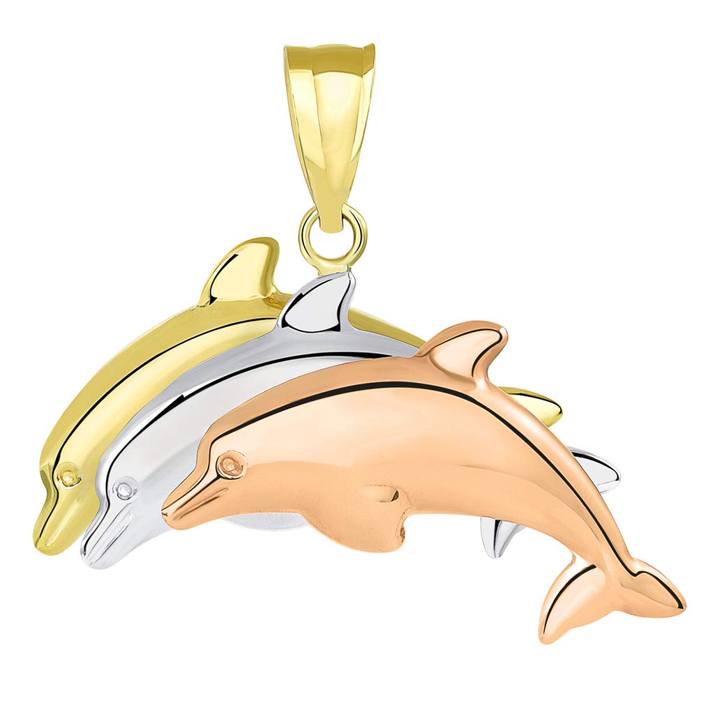 14k Tri-Color Gold Three Dolphins Jumping Pendant
