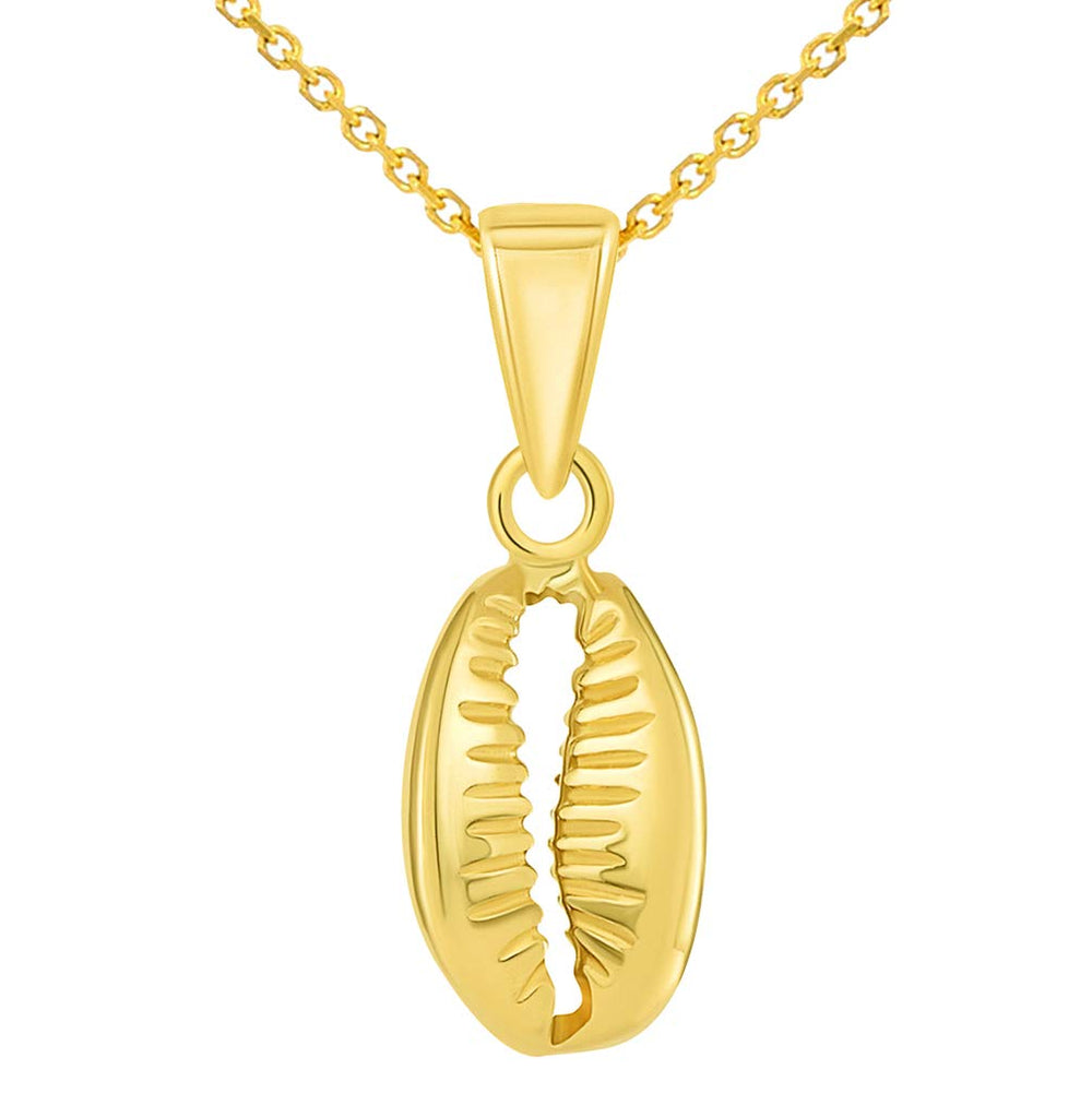 14k Yellow Gold Small 3D Seashell Charm Cowrie Shell Pendant Necklace