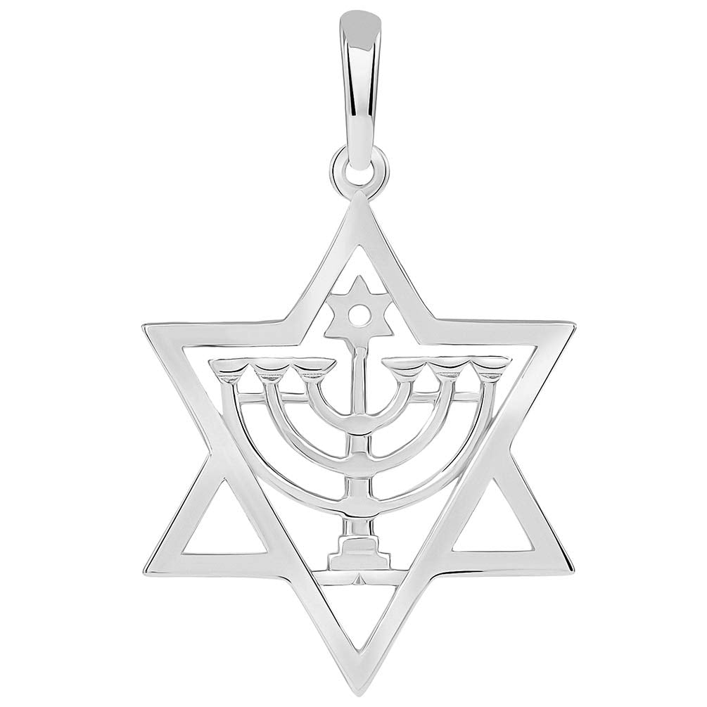 Solid 14k White Gold Jewish Star of David with Menorah Pendant