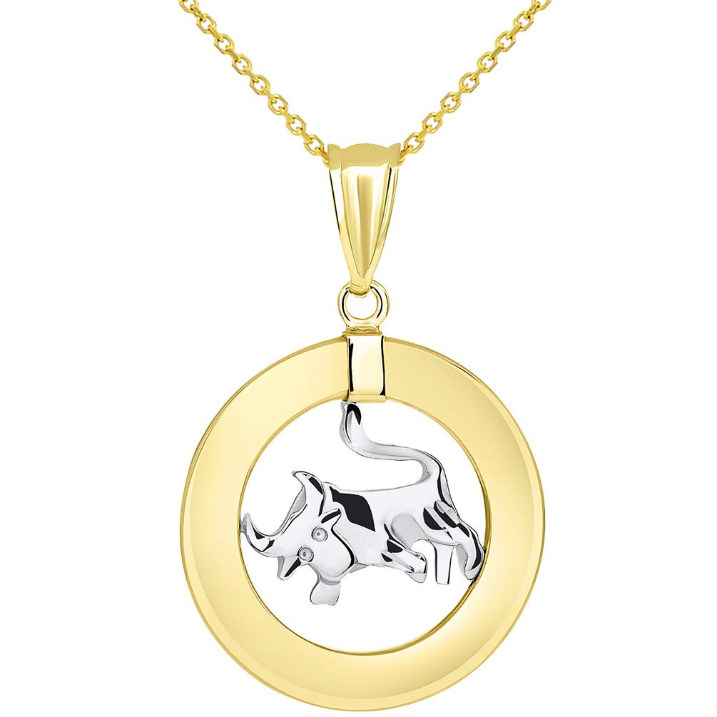 High Polish 14k Two Tone Gold Open Circle Taurus Zodiac Sign Pendant Necklace