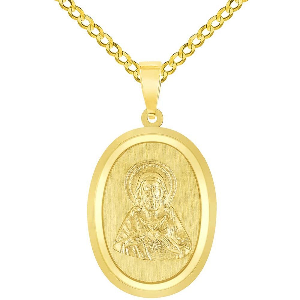 14k Yellow Gold Sacred Heart of Jesus Christ On Oval Miraculous Medal Pendant with Cuban Chain Curb Necklace