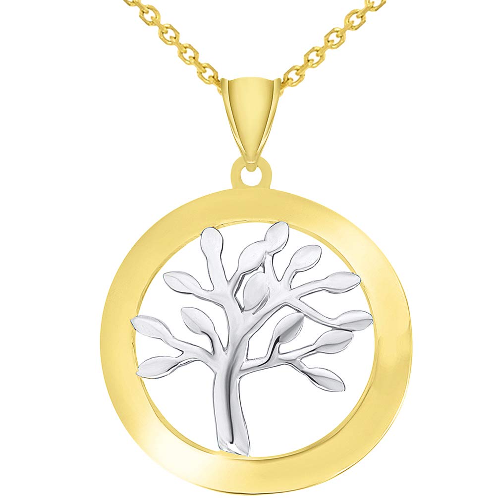 14k Yellow Gold Dome-Style Two-Tone Tree of Life Medallion Pendant Necklace with Cable, Curb, or Figaro Chain