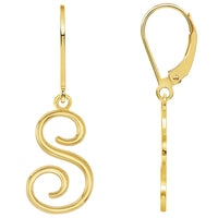 Load image into Gallery viewer, Solid 14k Yellow Gold Elegant Script Letter Cursive Initial Dangle Drop Earrings with Leverback - A to Z
