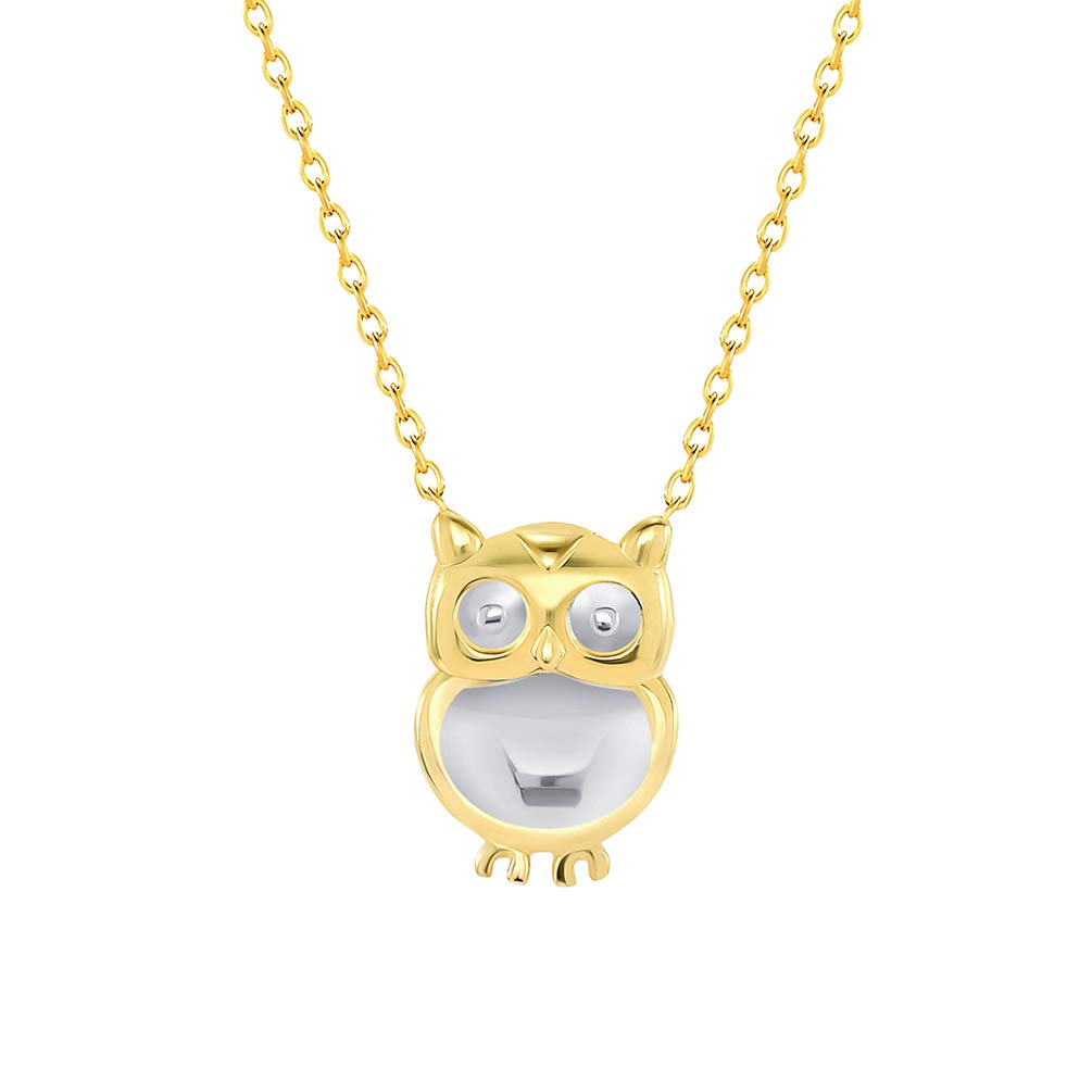 14k Yellow Gold Polished Two-Tone Owl Necklace with Lobster Claw Clasp