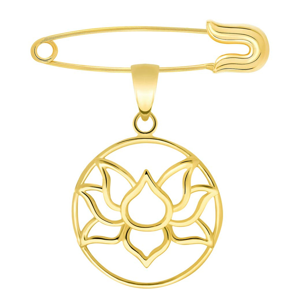 14K Yellow Gold Round Lotus Charm Padma Flower Charm Pendant with Safety Pin Brooch