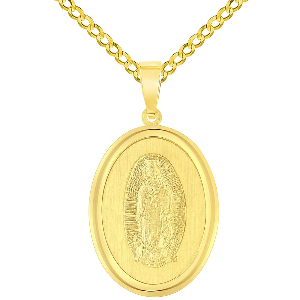 14k Yellow Gold Oval Miraculous Medal of Our Lady of Guadalupe Pendant with Cuban Chain Curb Necklace