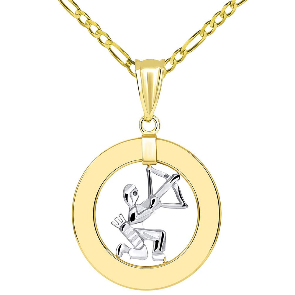High Polished 14k Two Tone Gold Open Circle Sagittarius Zodiac Symbol Sign Pendant Figaro Necklace