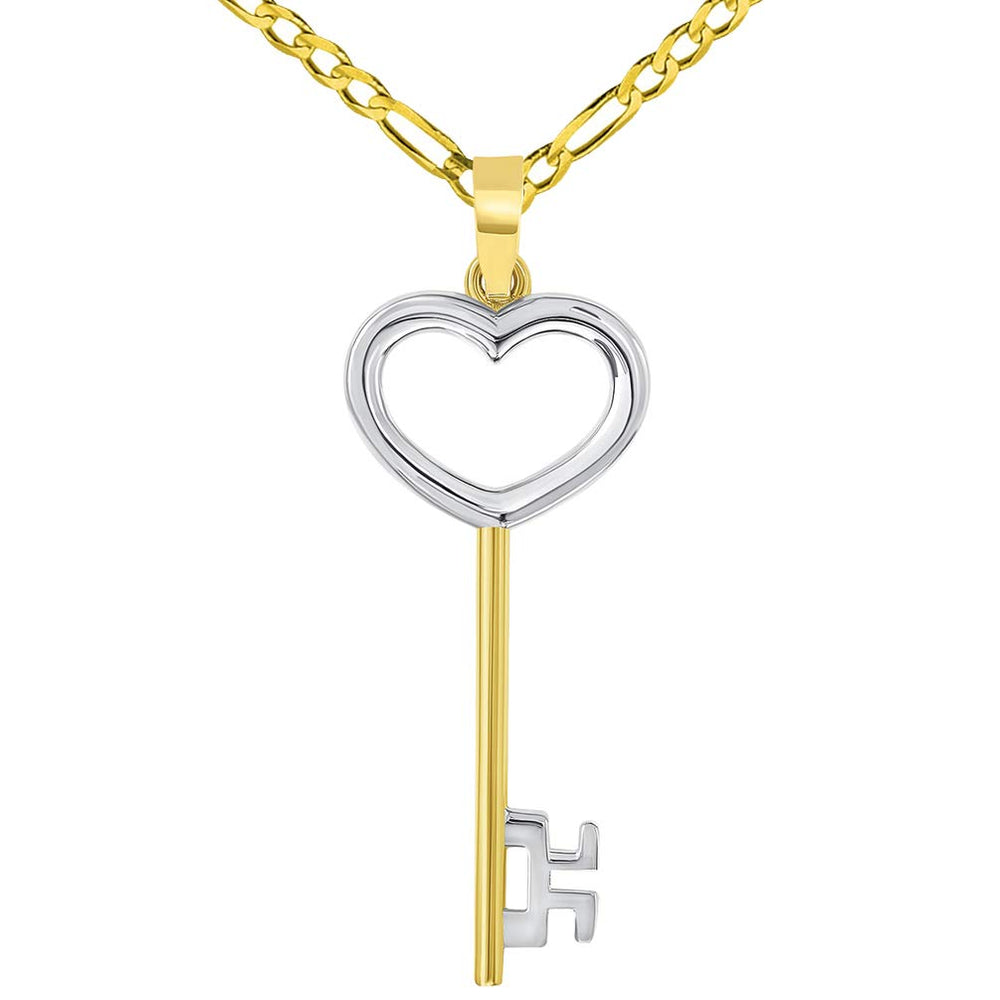 14k Solid Yellow Gold 3D Two Tone Open Heart Shaped Love Key Pendant with Figaro Necklace