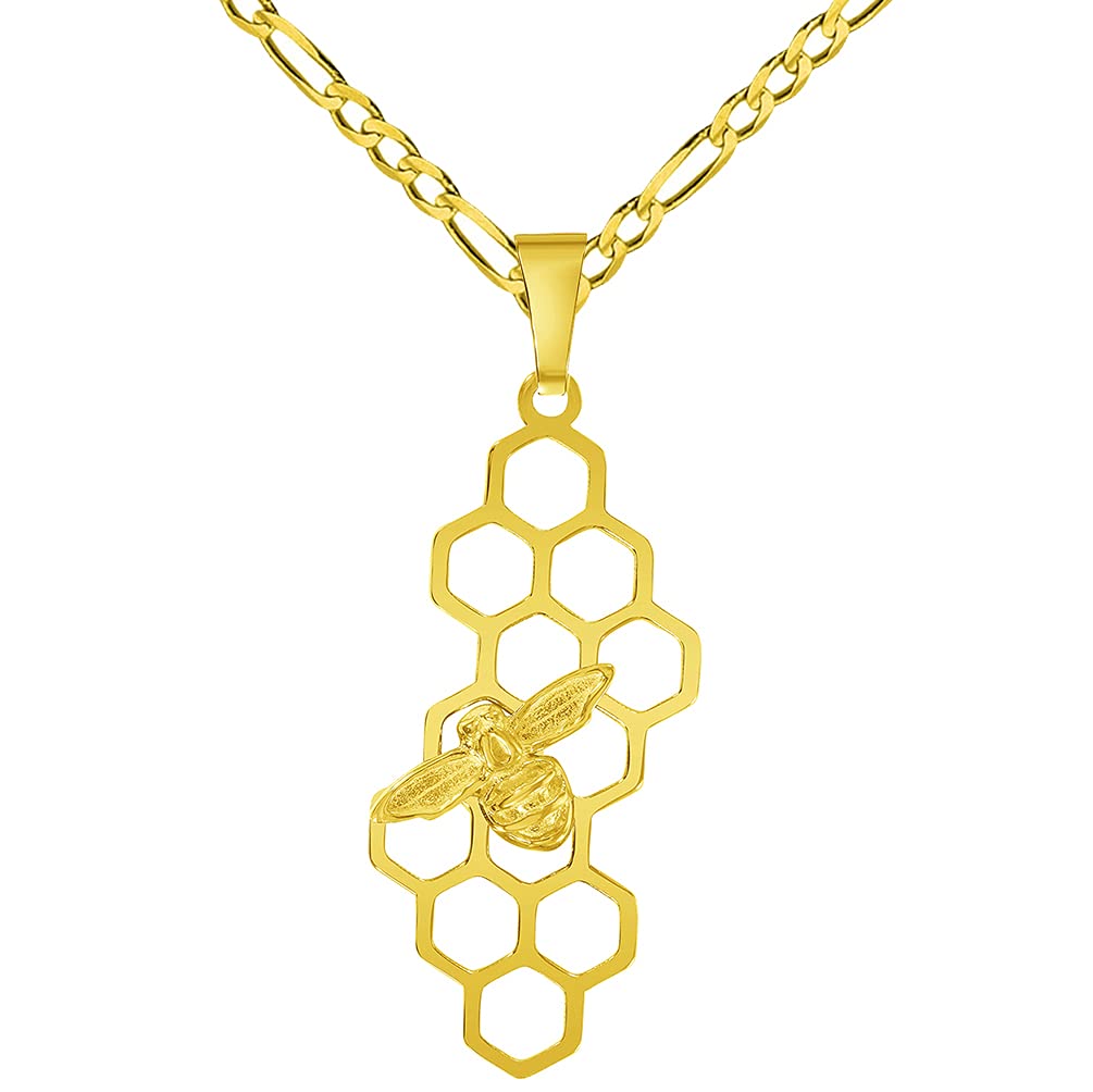 14k Yellow Gold Honey Bee On Honeycomb Pendant with Figaro Chain Necklace