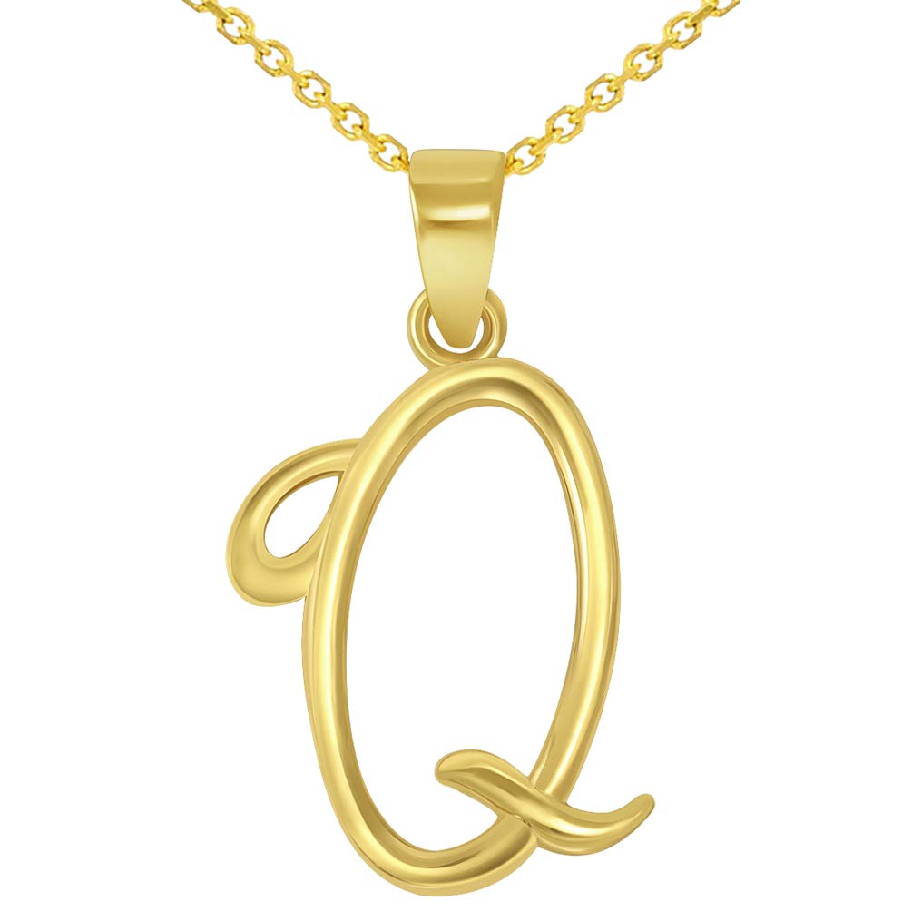 14k Yellow Gold Elegant Script Letter Q Cursive Initial Pendant Necklace