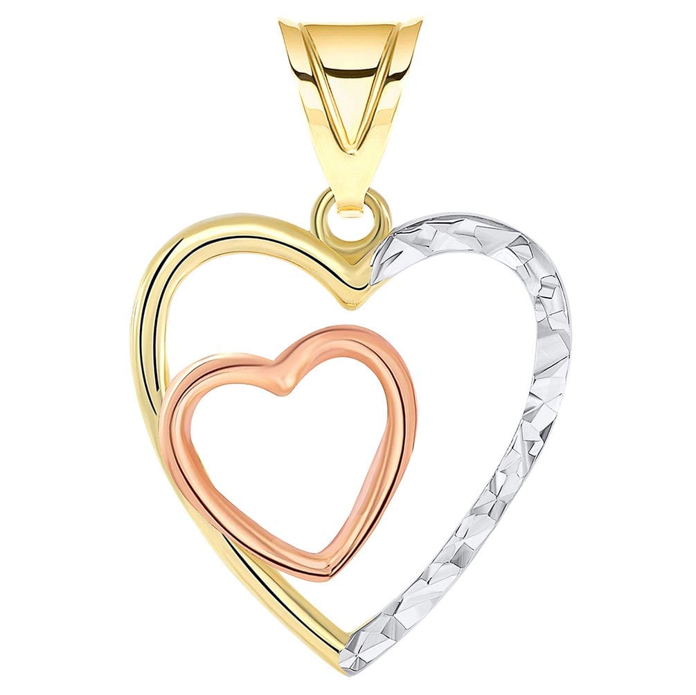 14k Yellow and Rose Gold Textured Tri-Tone Double Open Heart Pendant