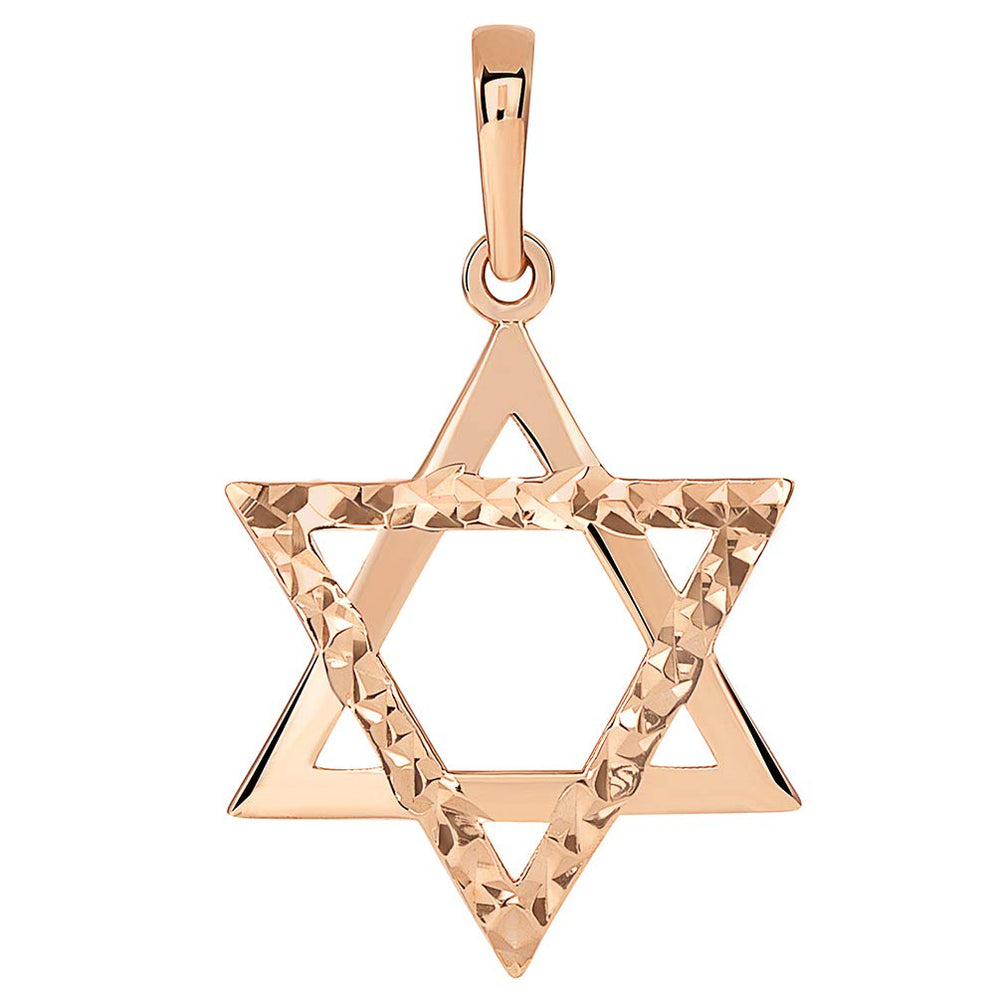 14k Rose Gold High Polished and Sparkle Cut Hebrew Star of David Pendant (25 x 15mm)